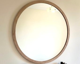 round wooden mirror wall decor, large framed decorative bathroom mirror, oversized oak circle wooden mirror, vanity mirror