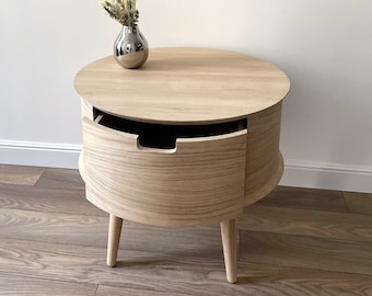 Round Black Bedside Table, Oval Nighstand, Black Ash Retro Round Black Bedside Table, Oval Nighstand, Black Ash Retro