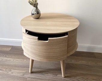 oversized mid century modern nightstand with drawer, scandinavian side table, unique oak round wood coffee table with storage