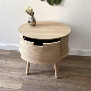 oversized mid century modern nightstand with drawer, scandinavian side table, unique oak round wood coffee table with storage