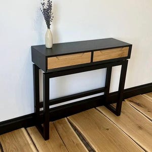 Black console table with drawers, modern console table with a wooden shelf, handmade entrance table, small oak desk