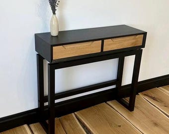 Black console table with drawers, modern console table with a wooden shelf, handmade entrance table, small oak desk