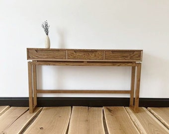 Konsolentisch mit Schubladen Mid Century, schmale handgefertigte Konsole aus Holz, moderne Eiche Schreibtisch Eintrag Wohnzimmer