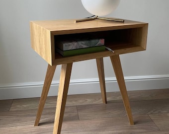 mid century modern nightstand with drawer, scandinavian solid wood bedside table with storage, minimalist bedroom furniture