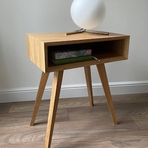 mid century modern nightstand with drawer, scandinavian solid wood bedside table with storage, minimalist bedroom furniture