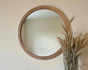 wood round wall mirror for bathroom, living room, dorm, bedroom. white oak large wooden entryway mirror. scandinavian or minimalist mirror