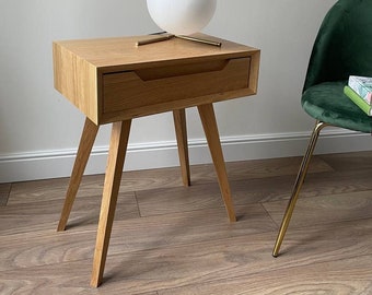 modern nightstand with drawer, solid oak wood