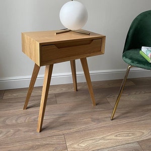 modern nightstand with drawer, solid oak wood 画像 1