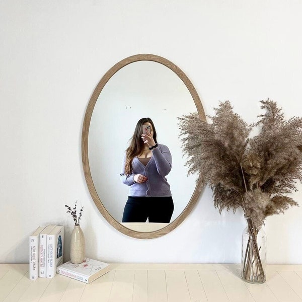 oval wooden frame mirror for bathroom, large oval mirror, oak frame mirror wall decor for bathroom vanity, decorative modern wood mirror