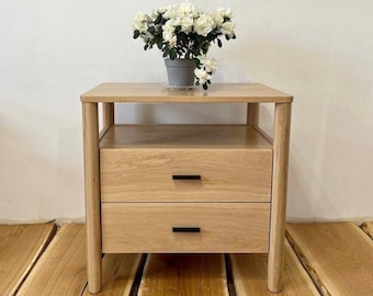 white oak bedside table with drawers and shelf, solid wood nightstand for bedroom or living room, modern side table