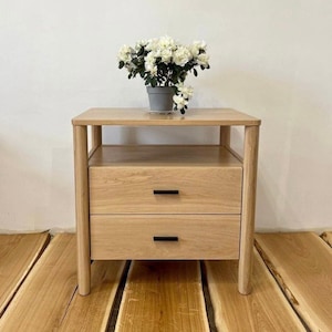 white oak bedside table with drawers and shelf, solid wood nightstand for bedroom or living room, modern side table