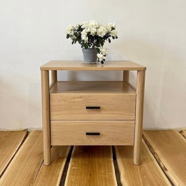 white oak bedside table with drawers and shelf, solid wood nightstand for bedroom or living room, modern side table