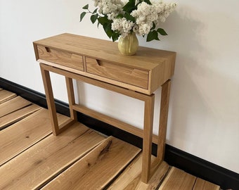 white oak console table with drawers, narrow long solid wood entry table, skinny small console table for living room, scandinavian furniture