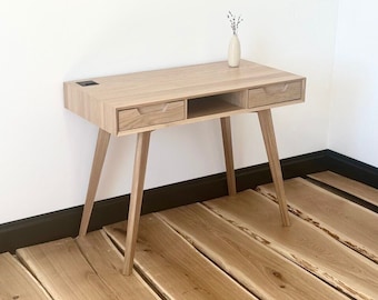 small solid oak wood desk with drawers, office modern desk, home office custom desk, gaming desk with shelf, Scandinavian computer desk