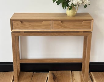 white oak console table with drawers, narrow long solid wood entry table, skinny small console table for living room, scandinavian furniture