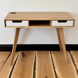 small wooden writing desk with drawers, work office solid oak desk.