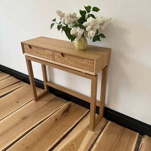 white oak console table with drawers, narrow long solid wood entry table, skinny small console table for living room, scandinavian furniture image 1