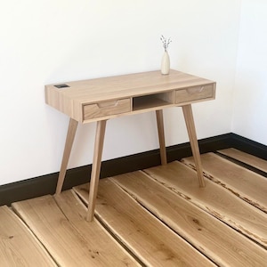 small solid oak wood desk with drawers, modern desk, home office custom desk, gaming desk with shelf, Scandinavian computer desk