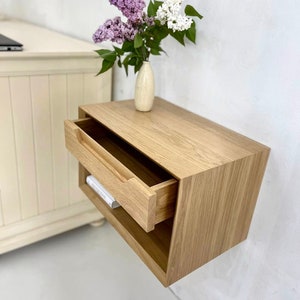 oak nightstand, floating wall mounted nightstand with drawer, bookshelf hanging nightstand, book shelves for bedroom, floating bedside table