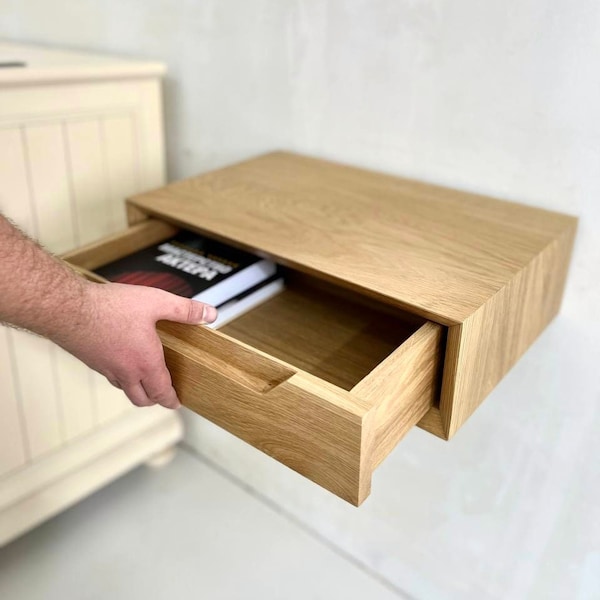 floating nightstand with drawer, bed side table, floating night stand, floating bedside table, low bedside table, oak bedside table