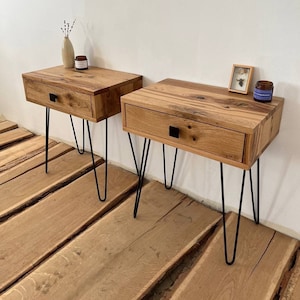 Table de chevet rustique avec pieds de poilure paire de 2 fermes table de chevet faite à la main pour chambre Western White Oak table de chevet avec tiroir