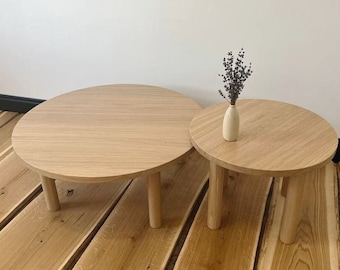 round solid wood coffee table, white oak coffee table for living room, low modern coffee table, unique large side table