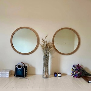 set of 2 oak round wall mirror for bathroom, entryway, living room. Large decorative wooden circle mirror