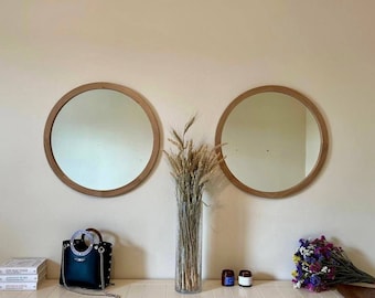 set of 2 oak round wall mirror for bathroom, entryway, living room. Large decorative wooden circle mirror