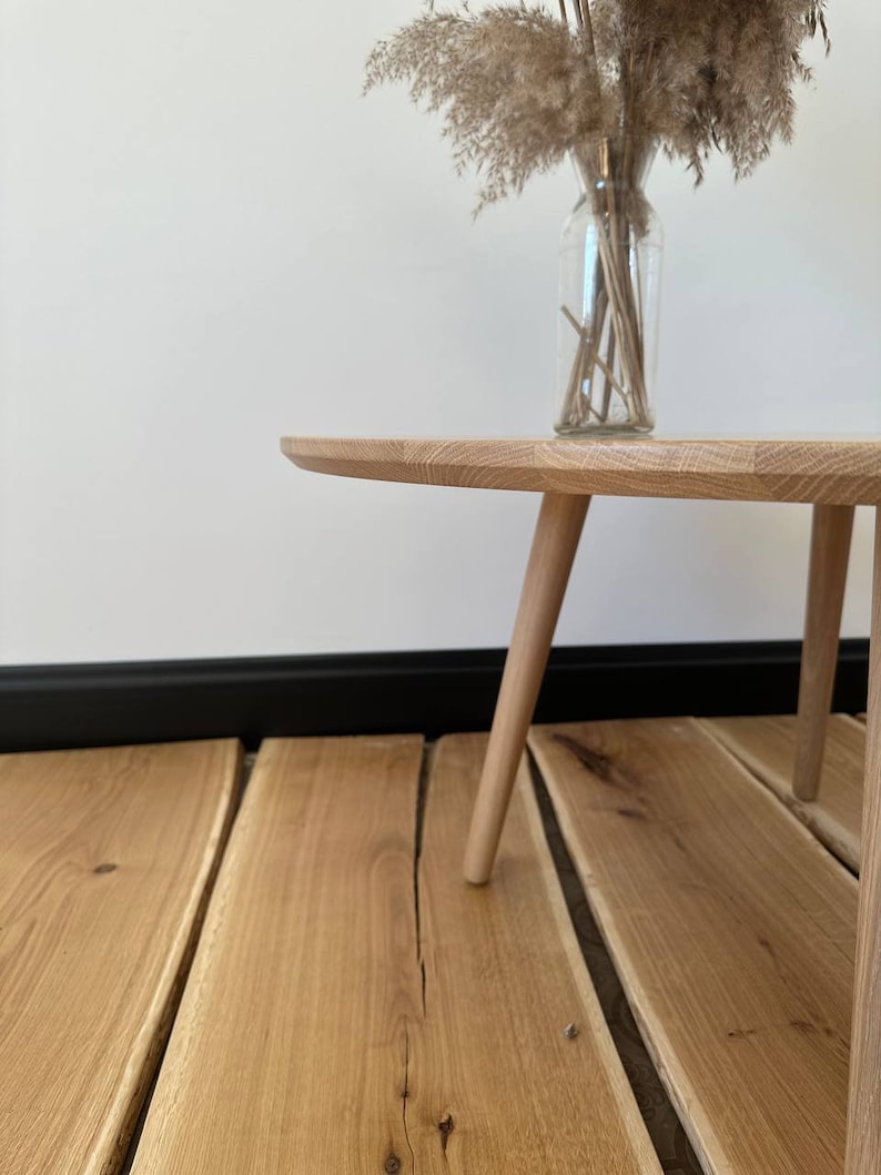 large round coffee table, scandinavian solid white oak wood side table, wooden mid century modern table, handmade furniture low circular image 4