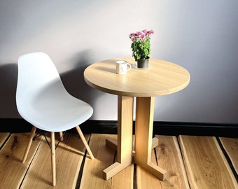 Round small dinning table, modern custom kitchen table, small natural oak circle breakfast table, solid wood desk.