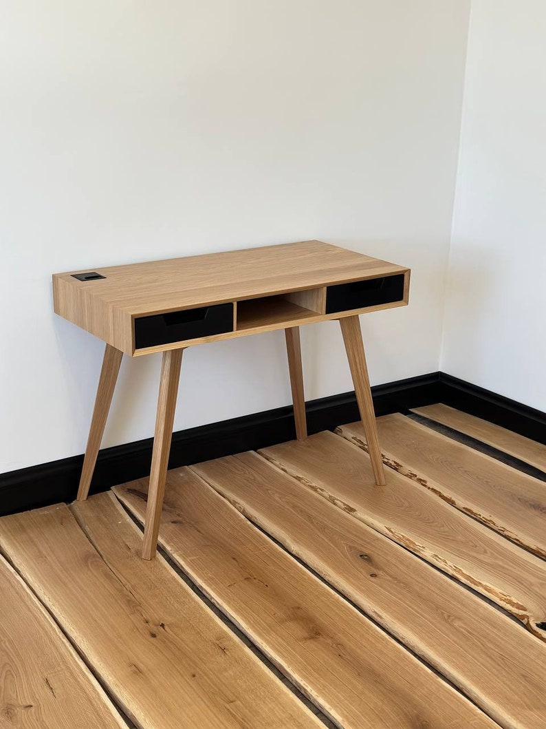 wood desk with drawers, small office desk, handmade cstom furniture, solid oak modern desk, writing work table image 7