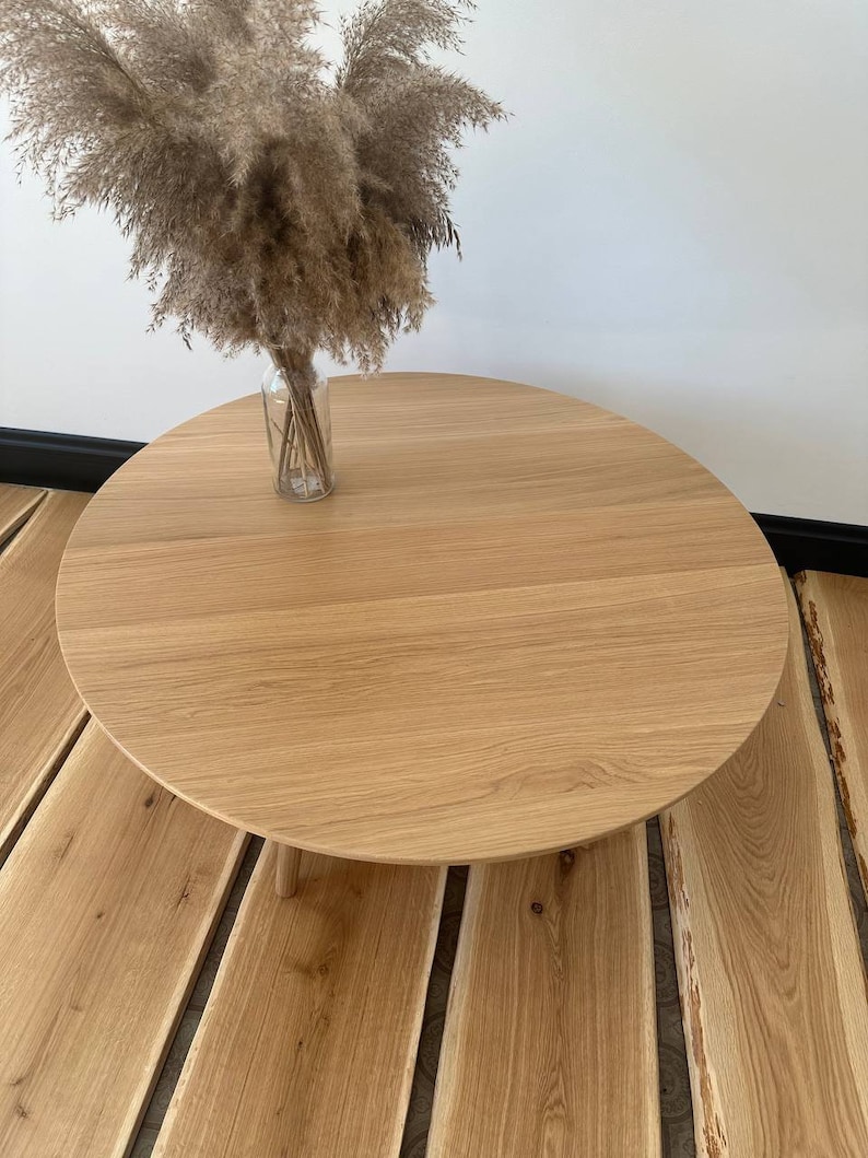 large round coffee table, scandinavian solid white oak wood side table, wooden mid century modern table, handmade furniture low circular image 6