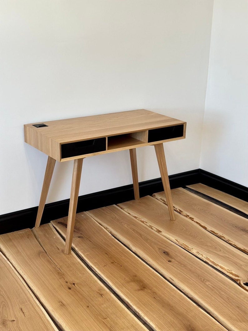 wood desk with drawers, small office desk, handmade cstom furniture, solid oak modern desk, writing work table image 1