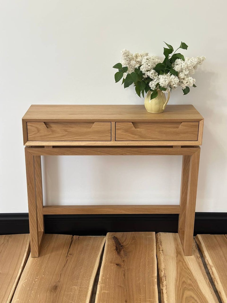 white oak console table with drawers, narrow long solid wood entry table, skinny small console table for living room, scandinavian furniture image 2
