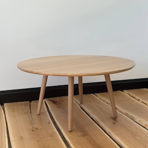 large round coffee table, scandinavian solid white oak wood side table, wooden mid century modern table, handmade furniture low circular image 5