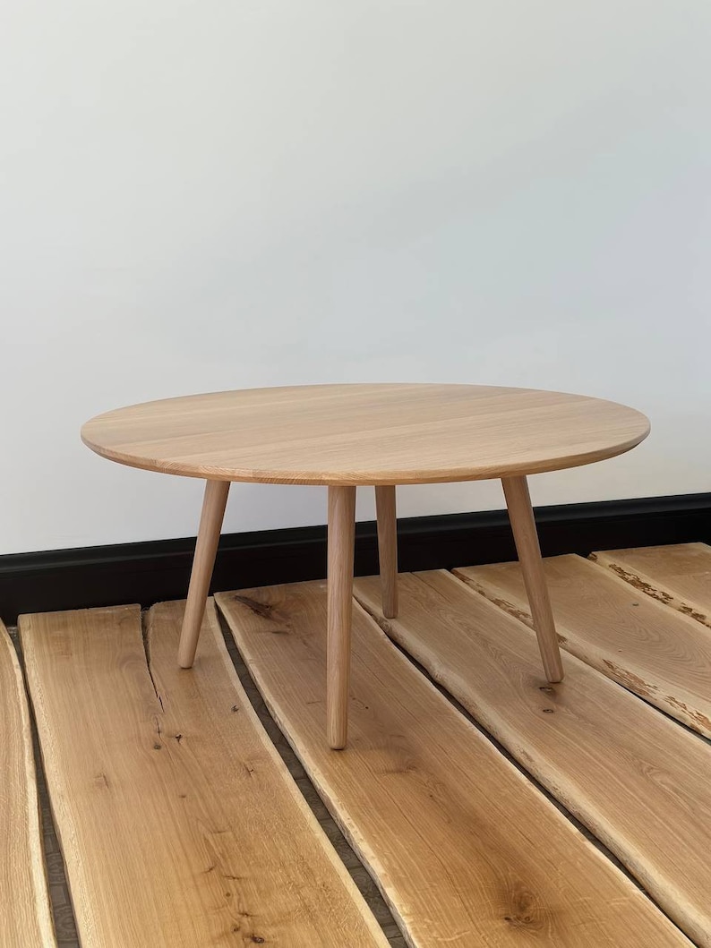 large round coffee table, scandinavian solid white oak wood side table, wooden mid century modern table, handmade furniture low circular image 5