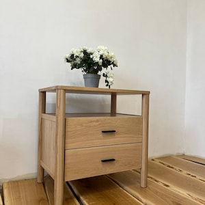 white oak bedside table with drawers and shelf, solid wood nightstand for bedroom or living room, modern side table zdjęcie 3