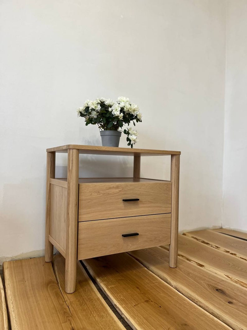 white oak bedside table with drawers and shelf, solid wood nightstand for bedroom or living room, modern side table image 3