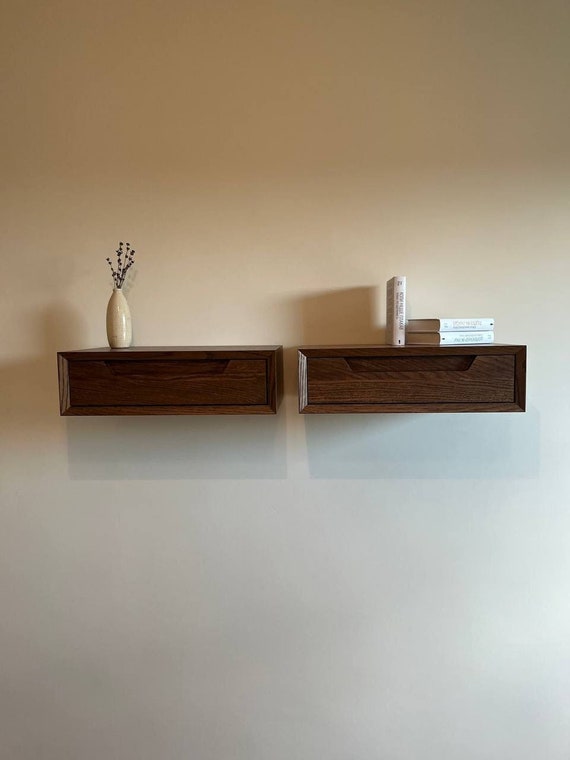 nightstand set of 2 floating nightstand with drawer, wall mounted unique rustic bedside table, bed side table for bedroom, wooden white oak