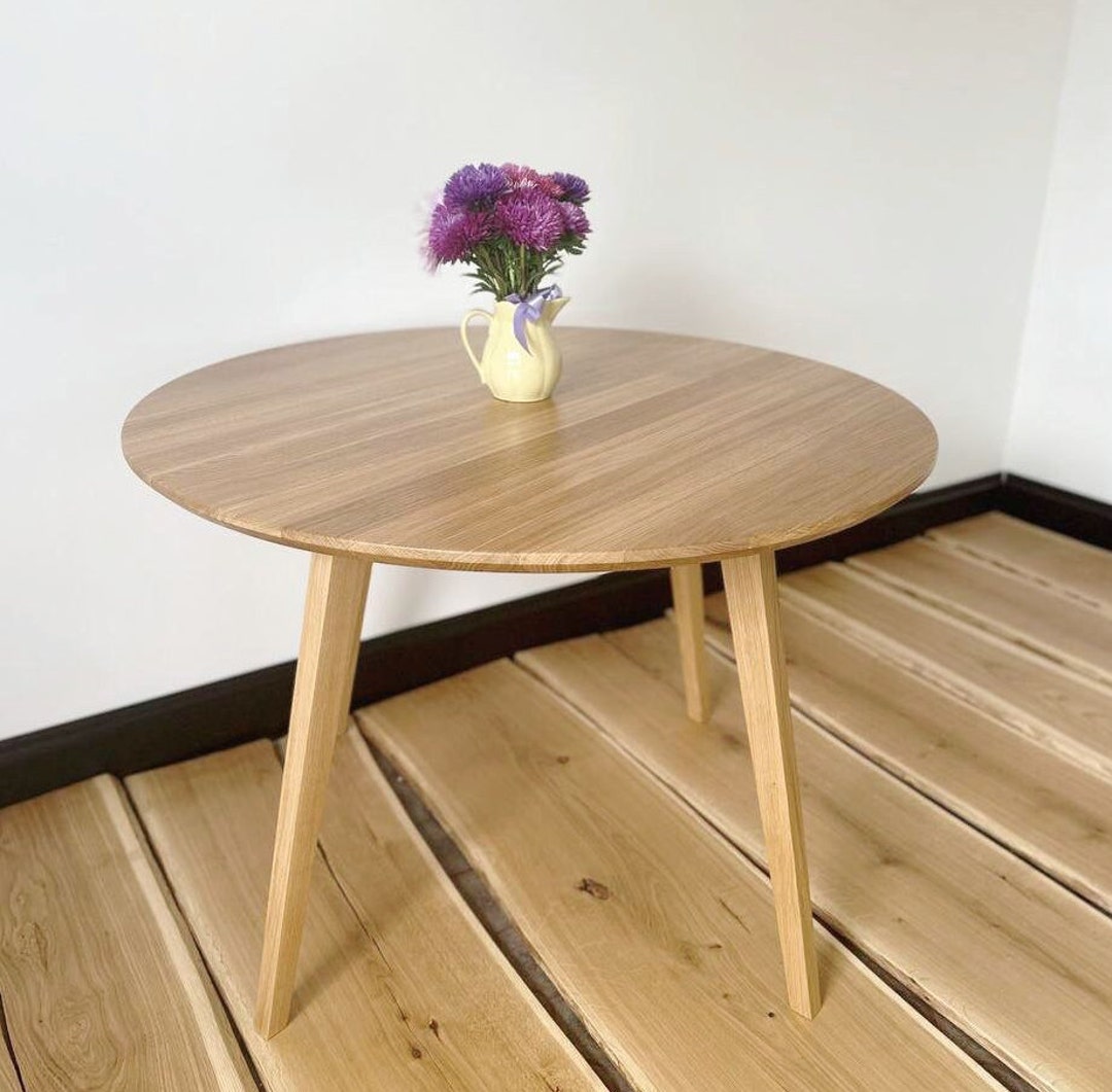 Round Solid Oak Wood Dining Table, Large Custom Kitchen Table, Modern