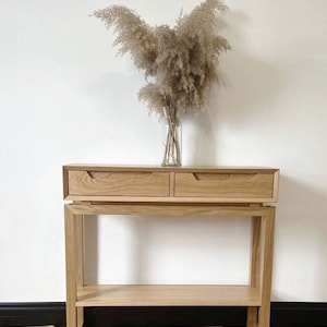 Mesa consola con estante, consola de entrada estrecha con cajones, roble macizo de mediados de siglo, mesa consola moderna de madera