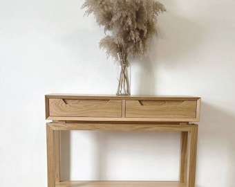 Console table with shelf, narrow entry console with drawers,  mid century solid oak,  wood modern console table