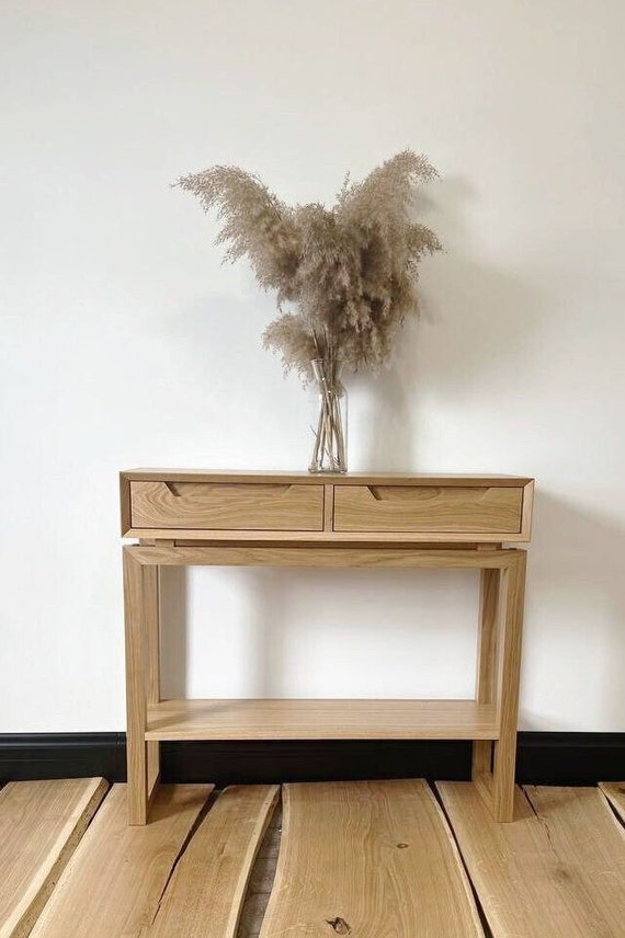 Oak console table with drawers and shelf discount