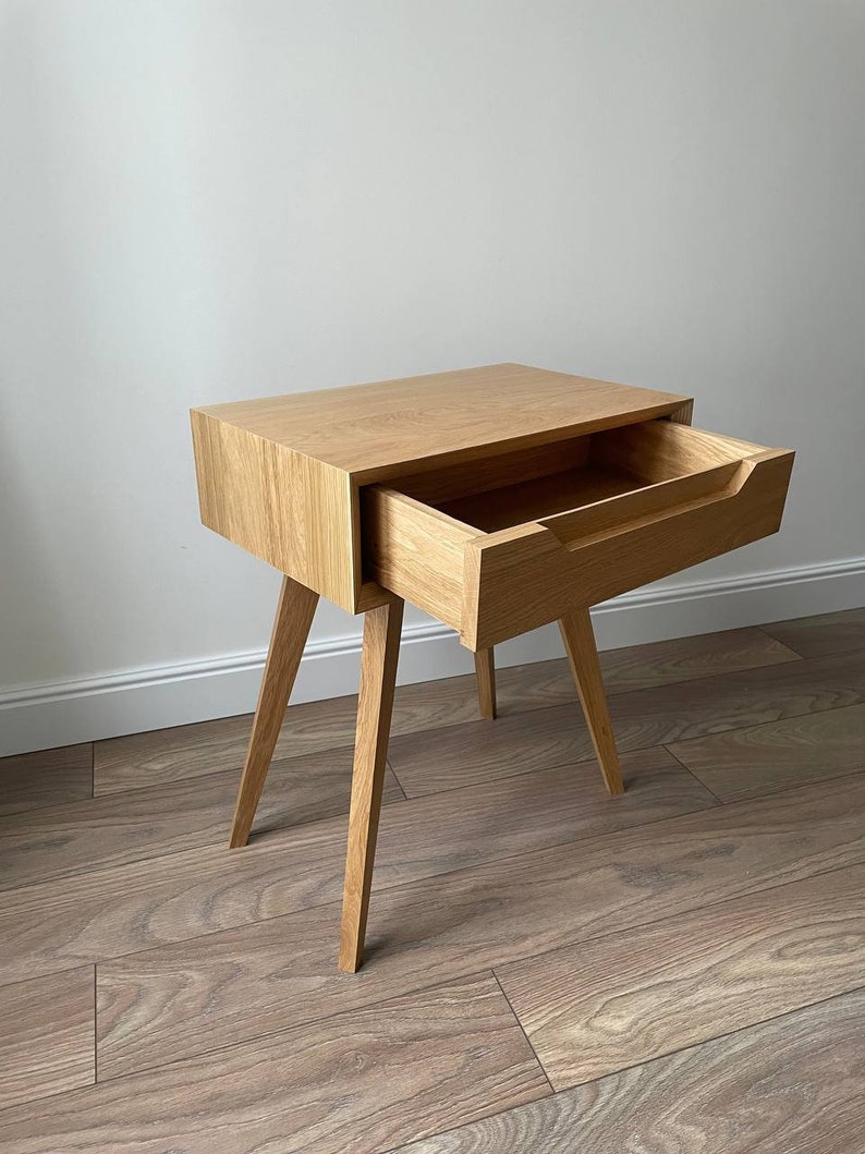 modern nightstand with drawer, solid oak wood 画像 2