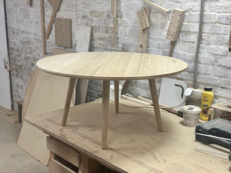 large round coffee table, scandinavian solid white oak wood side table, wooden mid century modern table, handmade furniture low circular image 10