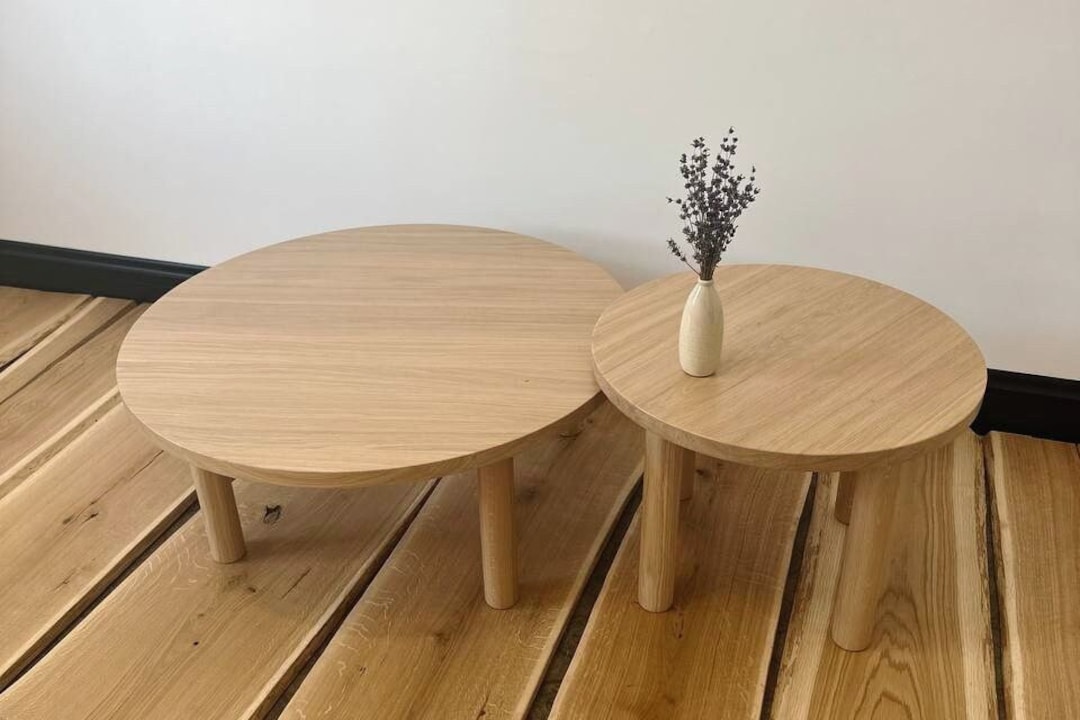 Round Solid Wood Coffee Table, White Oak Coffee Table for Living Room