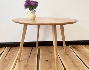 Round wooden kitchen table, white oak small  accent table, mid century solid wood a large circle dining table