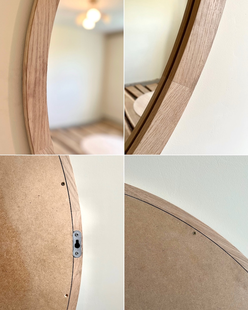 May include: A round wooden framed mirror with a natural wood finish. The mirror is hanging on a wall and the back of the mirror is visible. The back of the mirror is made of plywood and has a metal hook for hanging.