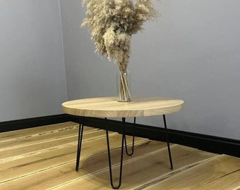 Round large coffee table hairpin legs, wooden living room side table,unique custom table,mid century modern solid wood table,low wood table.