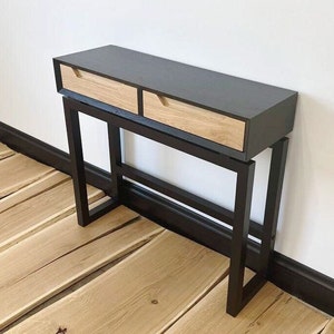 Narrow black console table with drawers, modern white oak small hall table, handmade furniture, solid wood entryway table.